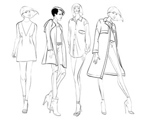 Stylish fashion models. Pretty young girls. Fashion girls Sketch