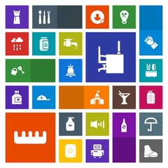 Modern, simple, colorful vector icon set with jam, hygiene, female, spoon, shovel, bucket, clean, bell, beauty, care, soap, glass, work, medieval, weather, wet, travel, dress, rain, alarm, comb icons