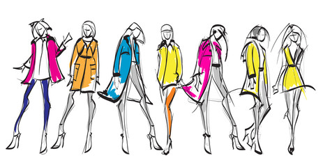 Stylish fashion models. Pretty young girls. Fashion girls Sketch
