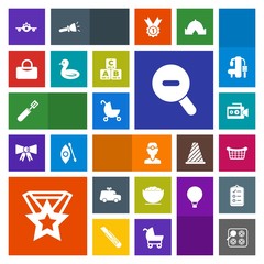 Modern, simple, colorful vector icon set with bag, dish, baby, equipment, award, gas, empty, plane, camera, store, white, cooking, dentistry, sport, carriage, handle, childhood, market, stroller icons