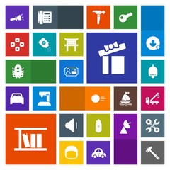 Modern, simple, colorful vector icon set with alarm, identity, call, sound, truck, equipment, sport, celebration, present, box, volume, ufo, wrench, shine, space, up, music, pin, fiction, audio icons