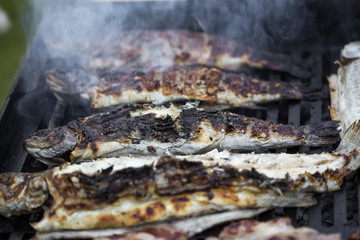 Grilled trout fish on the grill with smoke