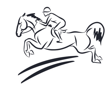 A sketch of a rider on a horse jumping over an obstacle.