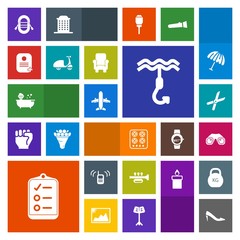 Modern, simple, colorful vector icon set with oven, plane, mark, check, call, shoe, shower, sound, equipment, list, cut, sailboat, checklist, gardening, travel, hook, female, kitchen, pruning icons