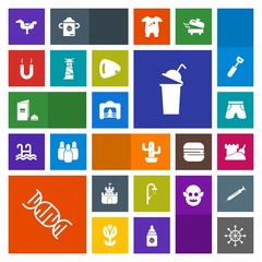 Modern, simple, colorful vector icon set with horse, wheel, kid, helm, drink, dna, brochure, desert, shower, tower, bathroom, toy, cup, rudder, ship, nautical, plastic, nature, fireplace, paper icons