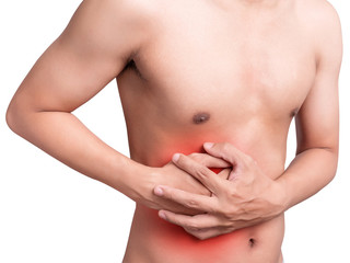Fototapeta na wymiar man stomach suffering from stomachache or Gastroenterologist Concept with Healthcare And Medicine. Pain in red color. Isolate on white background