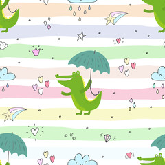 Seamless pattern with cute crocodile and umbrella. vector print.