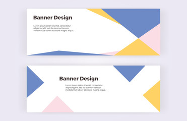 Fototapeta premium Geometric banners with blue, pink and yellow triangles on the white background. Modern and trendy design with shapes. Template for card, flyer, invitation, business, layout