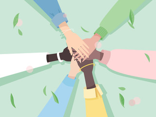 Teamwork concept illustration of people working together as team. People putting their hands together