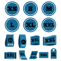 Label size tag for clothes and web, with symbol dimension - XS, S, M, L, XL, XXL. Vector icons big set isolated on white background.