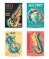 Jazz music party with musical instruments. Saxophone, guitar, cello, drum kit with grunge watercolor splashes. Design template for invitation, card, poster, placard and flyer. Vector illustration 