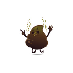Cheerfu brown poop character with legs and arms standing dissatisfied, tired with unhappy sad facial expression. Funny smilling crap or shit excrement. Vector cartoon isolated illustration.