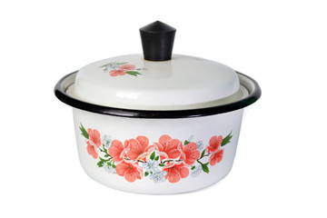 Pan with flower pattern on side white isolated background.
