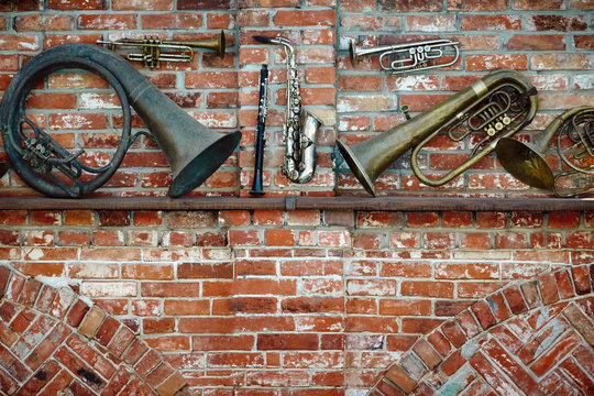 Set of old brass musical instruments.