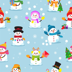 Naklejka premium Snowman cartoon vector winter christmas character holiday merry xmas snow boys and girls illustration seamless pattern background
