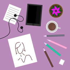 set with ipad, pencil, paper, coffe, apple, earphones, cactus 