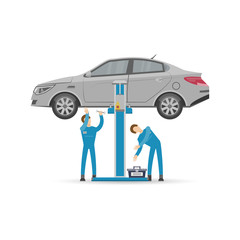 Auto mechanics in uniform car lifted on autolift icon. Car diagnostics and repair services vector illustration.