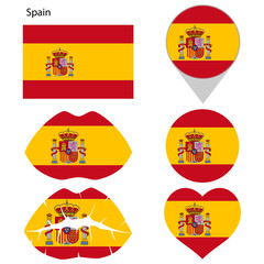 Flag of Spain, set. Correct proportions, lips, imprint of kiss, map pointer, heart, icon. Abstract concept. Vector illustration on white background.