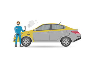 Fototapeta na wymiar Auto mechanics in uniform car painting icon. Car diagnostics and repair services vector illustration.