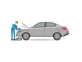 Fototapeta na wymiar Auto mechanics in uniform check and repair engine icon. Car diagnostics and repair services vector illustration.