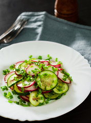 Salad with radish, cucumber, leek and chive in plate on a wooden table
