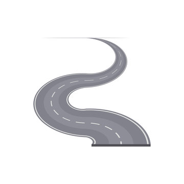 Winding curved highway with markings element. Asphalt road in perspective isolated vector illustration.