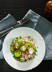Salad with radish, cucumber, leek and chive in plate on a wooden table