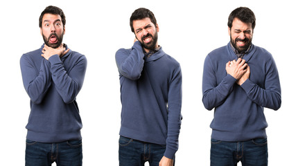 Set of Handsome brunette man with beard with neck pain