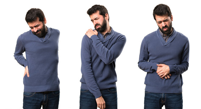 Set of Handsome brunette man with beard with shoulder pain, backache and stomachache