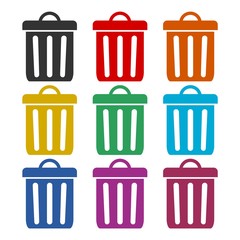 Trash bin or trash can symbol icon, color icons set