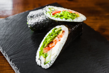 dishes of Japanese cuisine rolls with fish