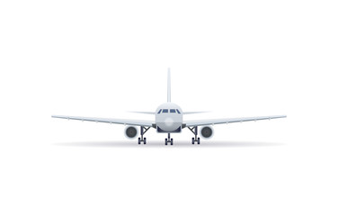 Front view jet airplane on the ground isolated vector icon. Passenger aircraft, air transportation, commercial airline vector illustration.