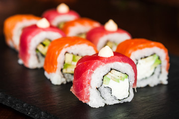 dishes of Japanese cuisine rolls with fish