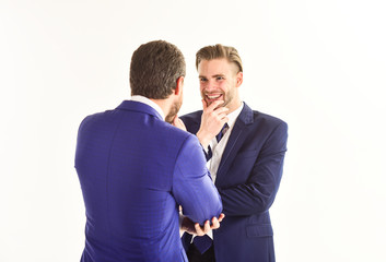 Partners with happy expression talking on white background.