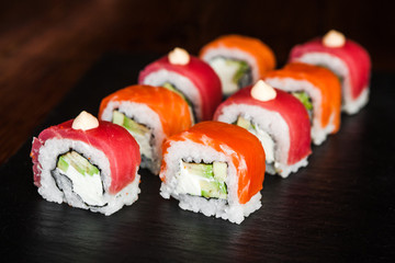 dishes of Japanese cuisine rolls with fish