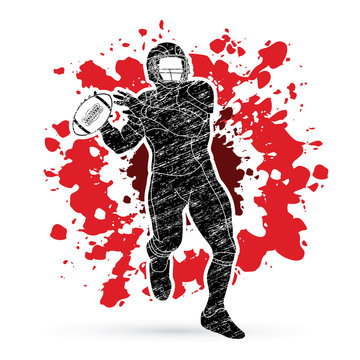 American football player, Sportsman action, sport concept designed on splatter blood background graphic vector.