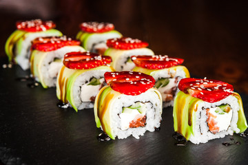dishes of Japanese cuisine rolls with fish