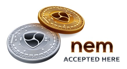 NEM. Accepted sign emblem. Crypto currency. Golden and silver coins with NEM symbol isolated on white background. 3D isometric Physical coins with text Accepted Here. Stock vector illustration.