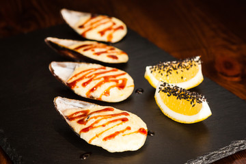 dishes of Japanese cuisine rolls with fish