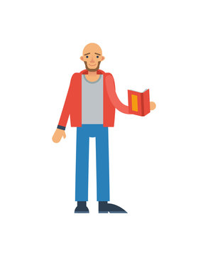 Bald man with book icon. Literature concept, bookstore advertising, knowledge and education vector illustration in flat style.