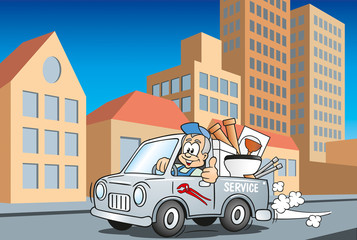 Fototapeta na wymiar Handwerker Installateur im Servicewagen fährt durch die Stadt, Cartoon Szene