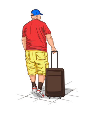 Vector colorful illustration of an adult european man walking with a luggage. Fat traveller with suitcase wearing summer clothes