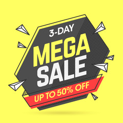Mega Sale banner template in flat trendy memphis geometric style, retro 80s - 90s paper style poster, placard, web banner design