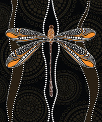 Dragonfly aboriginal art vector painting. Illustration based on aboriginal style of landscape background.