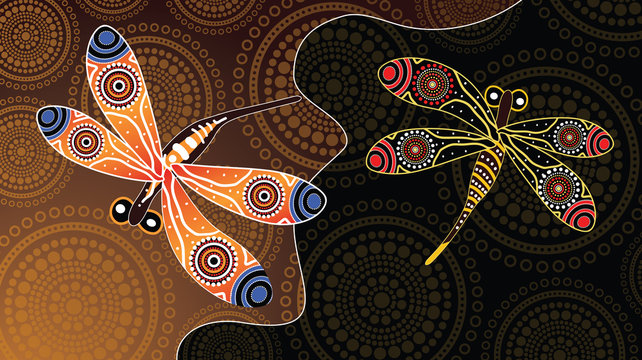 Aboriginal art vector painting with dragonfly. Illustration based on aboriginal style of landscape background. 