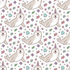 Seamless pattern with seal on white background.It can be used for packaging, wrapping paper, textile and etc. Excellent print for children's clothes, bed linens, etc.