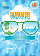 Sea Summer Holiday Template, vector blue background, vacation flyer