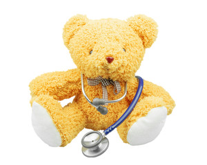 Children doctor concept, Teddy Bear with stethoscope isolated on white background, Doctor teddy bear with medical stethoscope