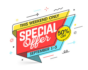 Weekend Special Offer banner template in flat trendy memphis geometric style, retro 80s - 90s paper style poster, placard, web banner design