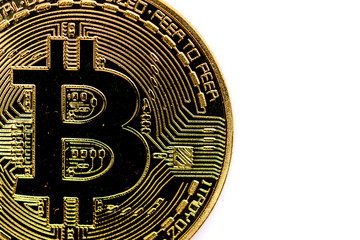 cryptocurrency Golden bitcoin, space for text or logo, isolated on white